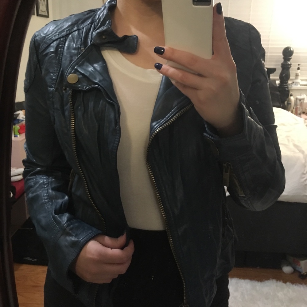 Black Rivet Blue Vegan Leather Jacket